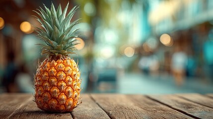 Vivid Still Life Pineapple Tropical Fruit on Wooden Table Backdrop