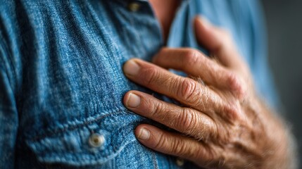 Close Up Dramatic Senior Man Hand on Chest Health Concern Image