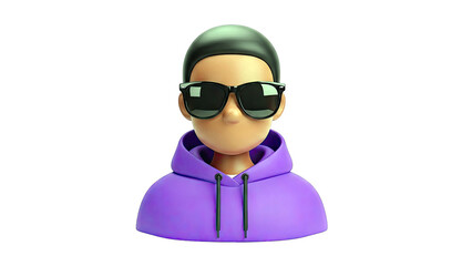 3D Cartoon Character Avatar with Sunglasses and Purple Hoodie