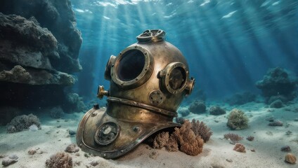 Antique Diving Helmet Rests on the Ocean Floor Amidst Coral Reefs and Sunlight Rays.