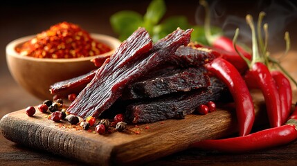 Appetizing Close Up Fresh Beef Jerky Meat Arrangement with Chili