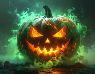 Spooky carved pumpkin with fiery eyes and green mist
