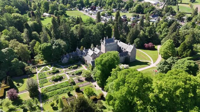 Drone view of Cawdor Castle estate in Nairnshire, Scotland, United Kingdom
