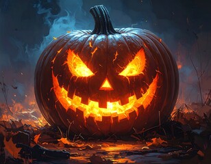 Spooky carved pumpkin with fiery eyes and mouth, set against embers