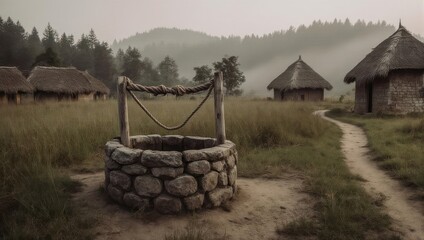 Ancient Stone Well in a Rural Village with Traditional Huts and Misty Hills.