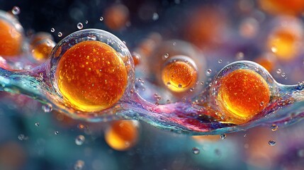 Abstract Microscopic View of Floating Biological Cells and Water Molecules