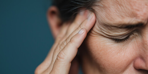 Stressed woman presses temple, eyes closed, showing headache discomfort