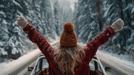 Woman Enjoying Freedom with Arms Up in Convertible on Snowy Road