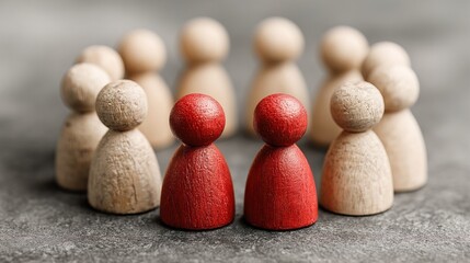 Selective Focus Wooden Figures Grouping with Red Colored Individual Standing Out