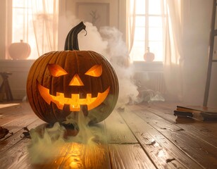 Spooky carved squash with a glowing face, foggy interior