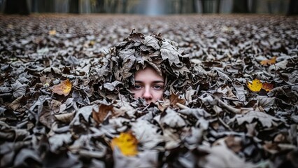 Young Girl Hiding in Autumn Leaves.
