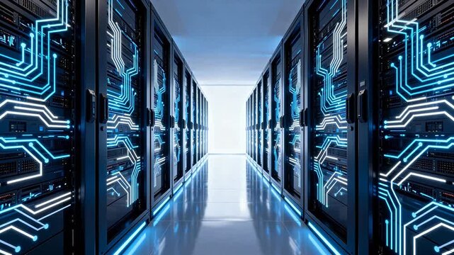 Server room with glowing circuit panels