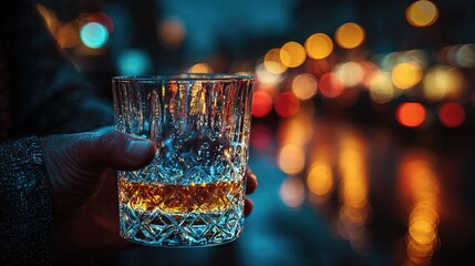 Moody Night Close Up Shot of Crystal Whiskey Glass Drink