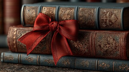 Stacked Detailed Old Books with Red Bow for Gift Presentation