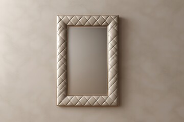 A rectangular mirror with quilted leather frame, soft neutral background, luxurious and detailed
