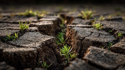 Dramatic Close Up of Cracked Earth with Tiny Green Plant Growth