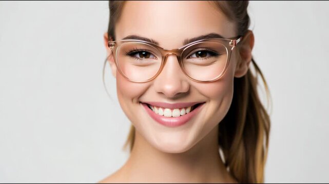 Pretty woman with perfect smile adjusting her glasses and looking at camera on a white background
