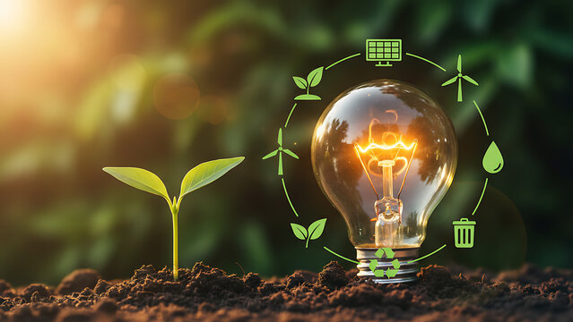 Green energy revolution sustainable future with renewable sources and plant growth