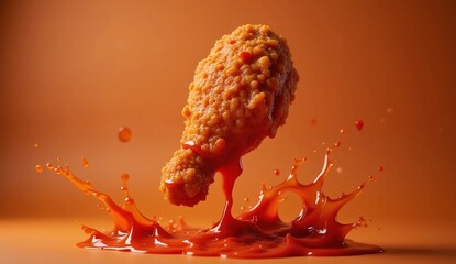 Fried Chicken Drumstick Splashing into Spicy Red Sauce on Orange Background