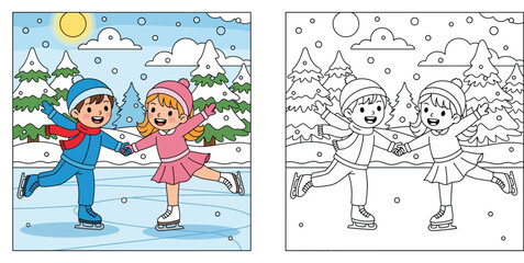 Fototapeta premium Coloring book page of happy kids ice skating in winter landscape, vector illustration with outline.