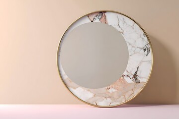 A round mirror with carved marble frame, pastel background, elegant and stylish