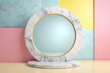 A round mirror with carved marble frame, pastel background, elegant and stylish