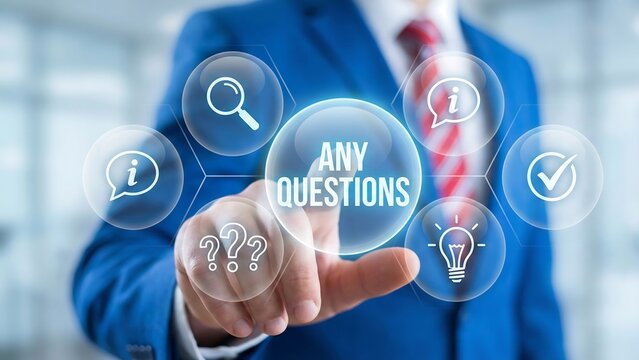 usiness person using virtual touch screen presses the inscription ANY QUESTIONS. Any Question Answer Education Business concept. Information