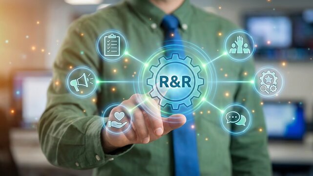 Business person using virtual touch screen presses the abbreviation R and R. R and R - Reward and Recognition Business