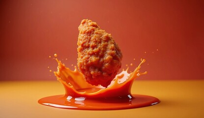 Crispy Fried Chicken Wing Splashing into Spicy Orange Sauce 