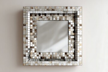 A square mirror with mirrored mosaic frame, pale beige background, modern and reflective