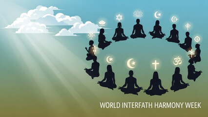 People from different faiths meditating together in harmony with religious symbols around them on a sunny day with clouds with interfaith harmony