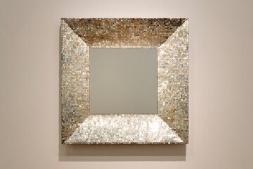 A square mirror with mirrored mosaic frame, pale beige background, modern and reflective