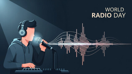 Man wearing headphones speaking into a microphone with sound waves coming out on world radio day with audio and broadcast and music and podcast