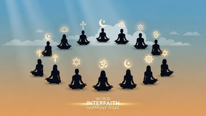 People from different faiths meditating together in harmony with religious symbols around them for world interfaith harmony week with meditation