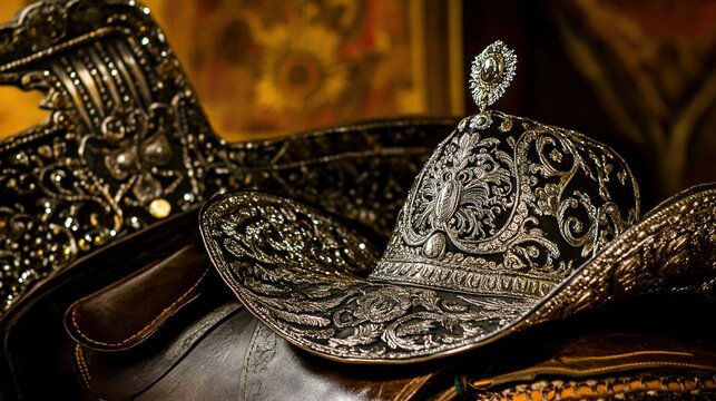 charro. An ornate Mexican charro hat resting on a leather saddle. event programs, museum guides, cultural reports, designed for cultural heritage projects and event programs, used by professors.