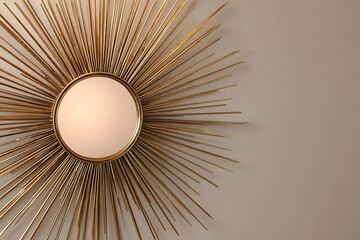 A sunburst mirror with metallic rays extending outward, light ivory background, modern and artistic