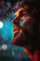 Intense Portrait of Emotional Soccer Player Screaming in Heavy Rain Representing Passion Victory and Sport Drama