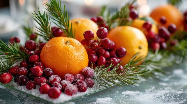 Festive holiday centerpiece with oranges, cranberries, and evergreen pine branches on a snowy surface