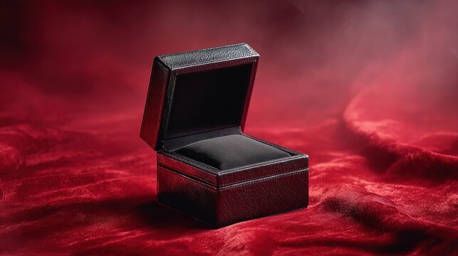 Dramatic Close-up Leather Empty Jewelry Box on Red Velvet Background