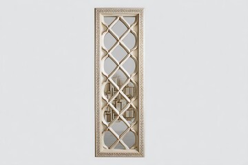 A tall decorative mirror with lattice wood design, ivory background, classy and detailed 