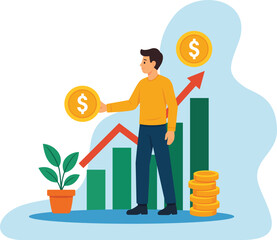 Successful Businessman Illustration with Growing Financial Bar Chart and Dollar Coins Representing Investment Growth and Wealth