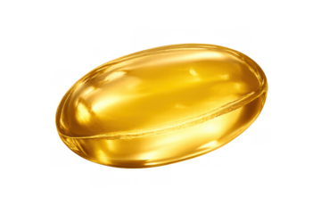 Golden fish oil capsule providing omega-3 fatty acids for cardiovascular health, diet, and nutrition on transparent background