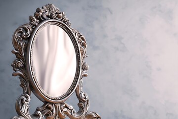 A vintage mirror with ornate baroque-style frame, soft pearl background, luxurious and detailed