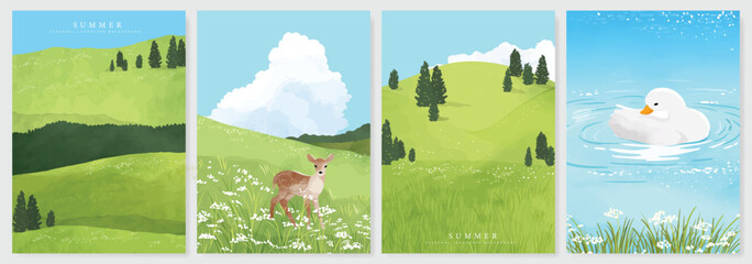 Obraz premium Abstract Green Summer landscape background vector set. Nature wallpaper of green field on mountain, yellow flowers, blue sky , birds, river. Watercolor illustration for cover, wall art, decoration.