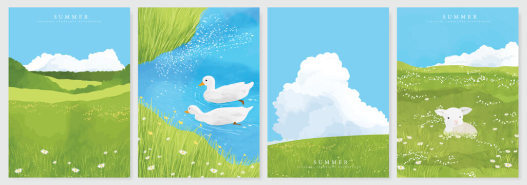 Abstract Green Summer landscape background vector set. Nature wallpaper of green field on mountain, yellow flowers, blue sky , birds, river. Watercolor illustration for cover, wall art, decoration.