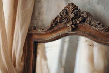 An antique-style mirror with distressed wooden frame, soft beige backdrop, rustic and unique