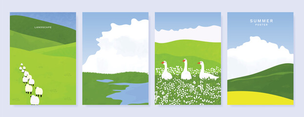 Naklejka premium Abstract Green Summer landscape background vector set. Nature wallpaper of green field on mountain, yellow flowers, blue sky , birds, river. Watercolor illustration for cover, wall art, decoration.