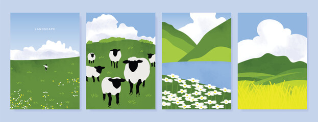 Naklejka premium Abstract Green Summer landscape background vector set. Nature wallpaper of green field on mountain, yellow flowers, blue sky , birds, river. Watercolor illustration for cover, wall art, decoration.