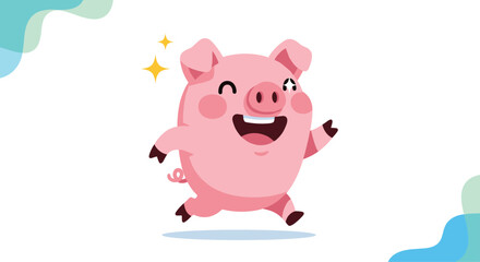 Joyful pink pig running with excitement and a wide smile featuring sparkling eyes and curly tail on a clean white background.