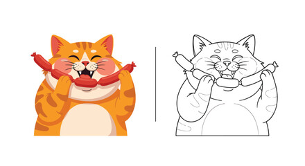 Obraz premium Happy ginger cat holding and eating a string of sausages shown in both full color and black and white line art.